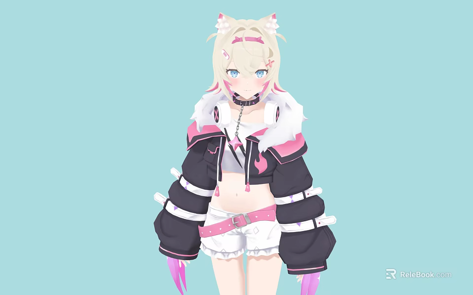 Anime Style Character With Cat Ears Wearing Black Pink Jacket And White Shorts On Light Blue Background 3d model 