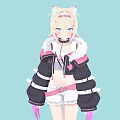 Anime Style Character With Cat Ears Wearing Black Pink Jacket And White Shorts On Light Blue Background
