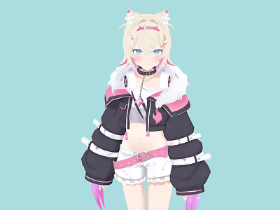 Anime Style Character With Cat Ears Wearing Black Pink Jacket And White Shorts On Light Blue Background 3d model