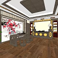 Traditional Chinese Specialty Store Interior With Wooden Flooring Display Shelves And Green Plants