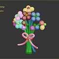 Decorative Ornament Set With Balloon Bouquet White Yellow Blue Balloons Green Stems Red Bow