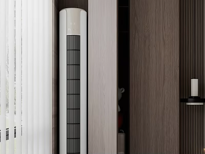 Vertical White and Black Air Conditioner Fan Near Wooden Textured Wall with White Blinds 3d model