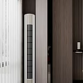 Vertical White and Black Air Conditioner Fan Near Wooden Textured Wall with White Blinds