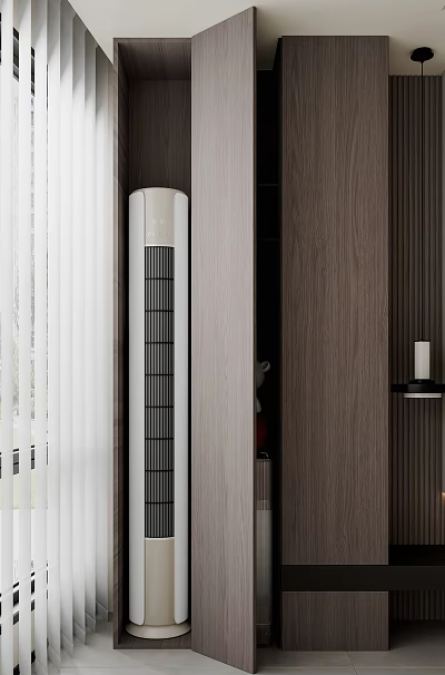 Vertical White and Black Air Conditioner Fan Near Wooden Textured Wall with White Blinds 3d model