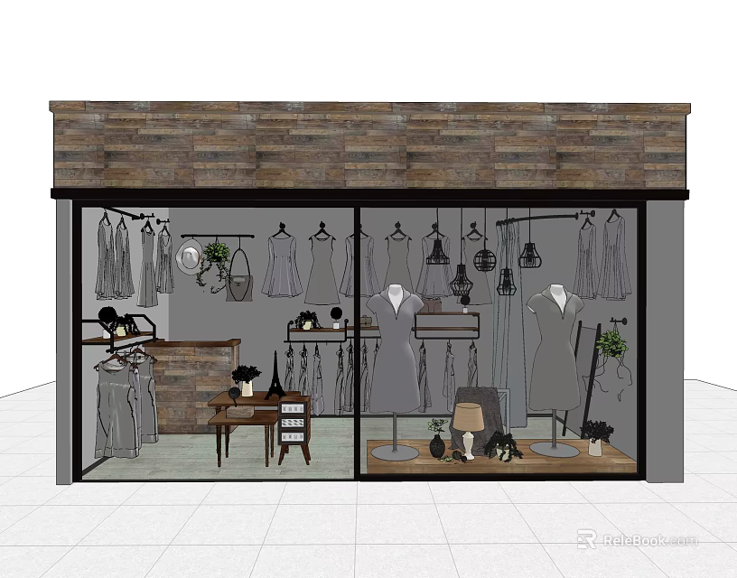 Clothing Store Window Display With Mannequins Hanging Garments And Decorative Plants 3d model 
