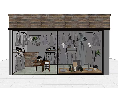 Clothing Store Window Display With Mannequins Hanging Garments And Decorative Plants 3d model