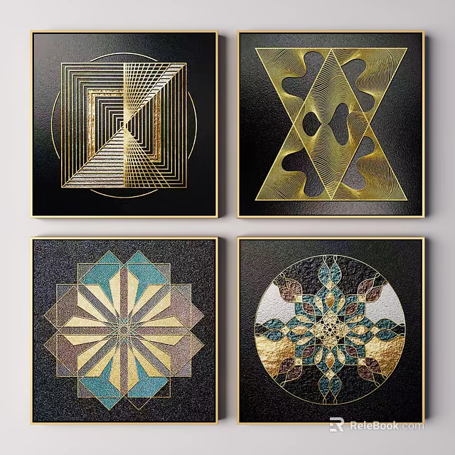 Geometric Wall Art With Gold Patterns And Black Background For Modern Decor 3d model 