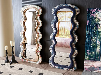 Decorative Scalloped Edge Mirrors With Floral Patterned Frames And Candle Holders On Checkerboard Floor 3d model