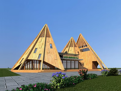 Modern Wooden Hotel Building With Triangular Roofs Large Windows And Front Lawn Area 3d model