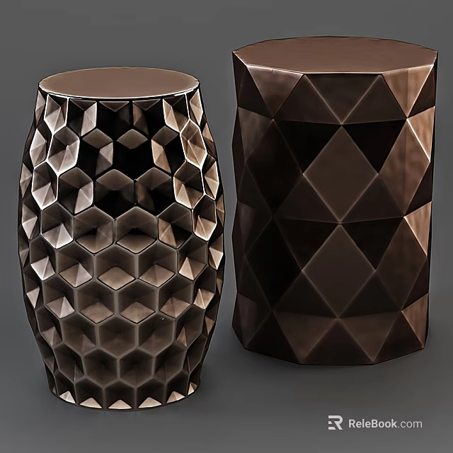 Modern Decorative Stools with Geometric Textured Patterns and Metallic Surface Design 3d model