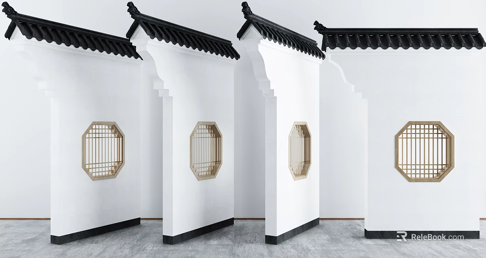 Chinese Style Garden Wall Design With White Walls Black Tiled Eaves And Hexagonal Lattice Windows 3d model 