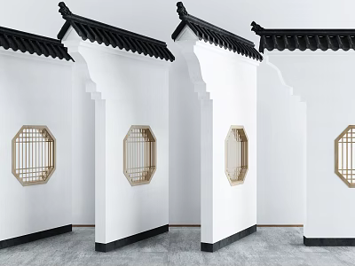 Chinese Style Garden Wall Design With White Walls Black Tiled Eaves And Hexagonal Lattice Windows 3d model