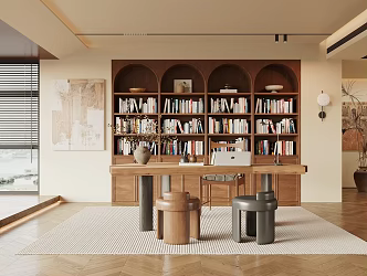 Quiet study desk and chair combination bookcase hanging picture wall lamp 3d model