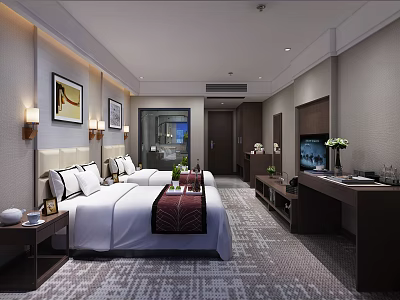 Modern Hotel Guest Room With Twin Beds Wall Lamps Decorative Paintings And Writing Desk 3d model