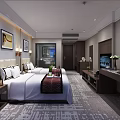 Modern Hotel Guest Room With Twin Beds Wall Lamps Decorative Paintings And Writing Desk