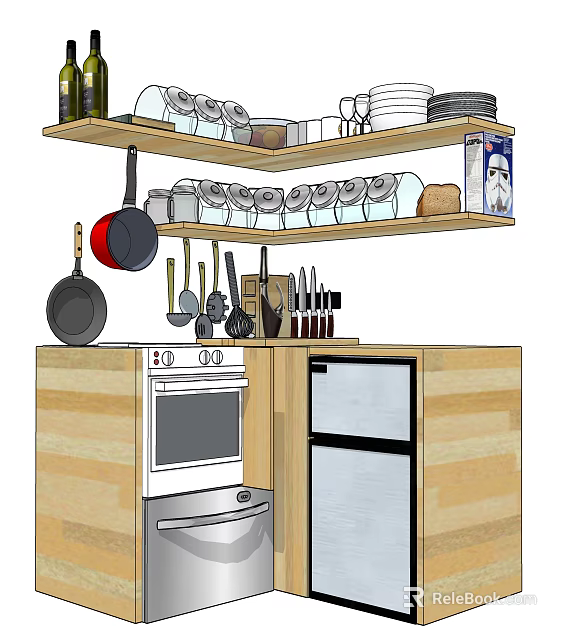 Wooden Kitchen Cabinets With Shelves Dishes Cooking Utensils And Appliances 3d model 