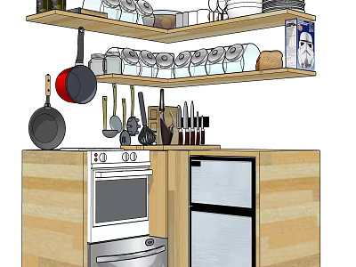 Wooden Kitchen Cabinets With Shelves Dishes Cooking Utensils And Appliances 3d model