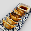 Pan Fried Dumplings With Soy Sauce On Blue And White Patterned Plate 3d model
