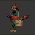 Game Movie Character Red Panda in Green Outfit Carrying Pole with Baskets of Yellow Fruits