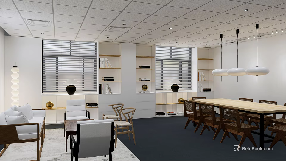 Modern Office Interior Design With Desk Chairs Bookshelves Windows And Pendant Lights 3d model 