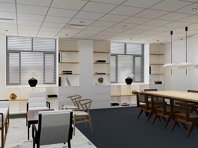Modern Office Interior Design With Desk Chairs Bookshelves Windows And Pendant Lights 3d model