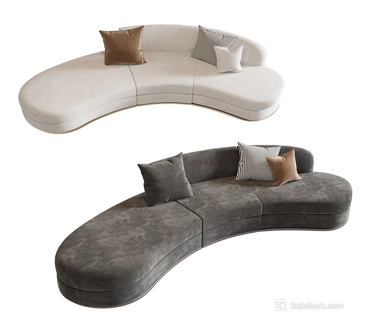 Modern Curved Sectional Sofa in White and Gray with Decorative Pillows 3d model