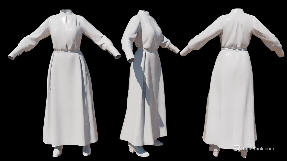 Woman Wearing White Dress Displayed in Three Angles on Black Background 3d model 