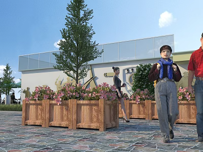 Garden Landscape With Wooden Planters Pink Flowers Trees Stone Pavement And People Walking 3d model