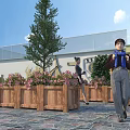 Garden Landscape With Wooden Planters Pink Flowers Trees Stone Pavement And People Walking