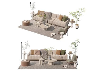 Modern Cozy Sofa and Coffee Table Set with Cushions Accent Chair and Potted Plants 3d model