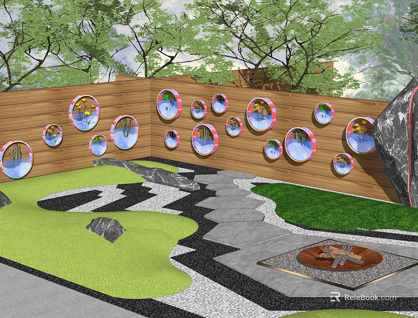 Wooden Feature Wall With Circular Windows Surrounded By Greenery Stone Path Lawn And Fire Pit 3d model