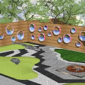 Wooden Feature Wall With Circular Windows Surrounded By Greenery Stone Path Lawn And Fire Pit 3d model