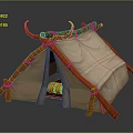 Primitive Tent Structure With Horn Shaped Wooden Poles And Canvas Covering