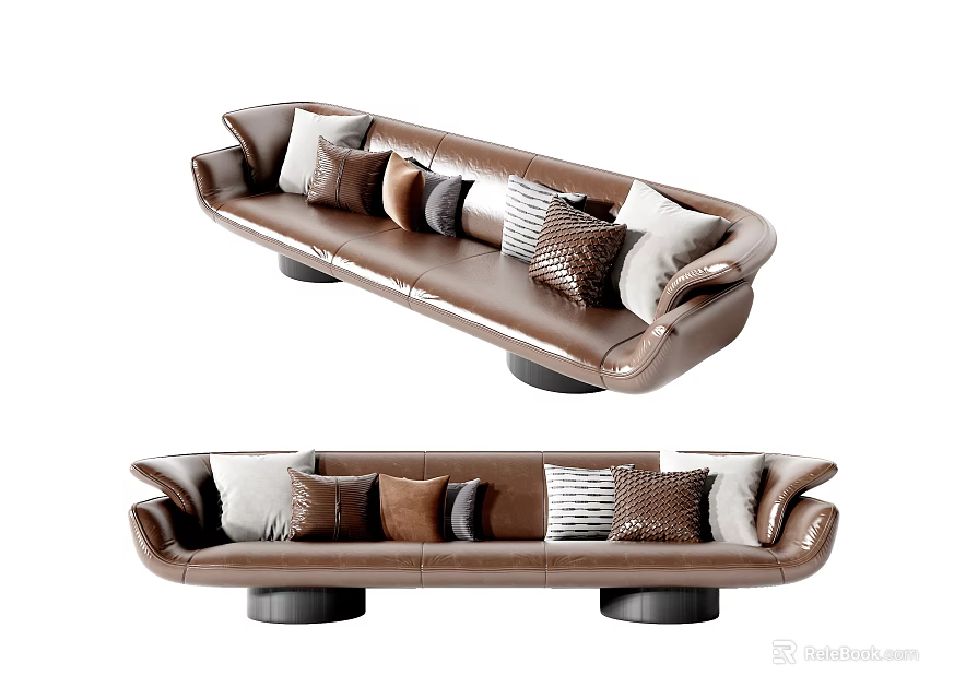 Brown Leather Multi Seat Sofa With Various Decorative Cushions And Black Circular Legs 3d model