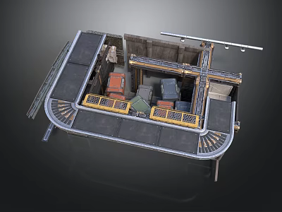 Industrial Equipment Platform with Metal Railings Crates and Lighting Fixtures 3d model