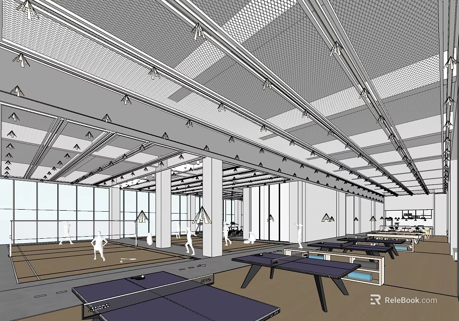 Indoor Sports Fitness Gym With Ping Pong Tables People Exercising Spacious Interior 3d model 