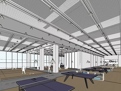 Indoor Sports Fitness Gym With Ping Pong Tables People Exercising Spacious Interior 3d model