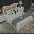 Modern Double Bed With Tufted Headboard Multiple Pillows Bedside Tables Lamps And Tray On Patterned Rug 3d model