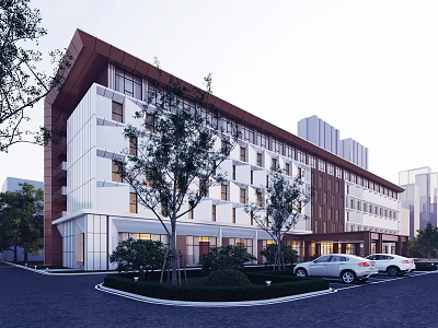 Modern Hotel Building With White And Brown Facade Large Glass Windows Trees And Parking Area 3d model