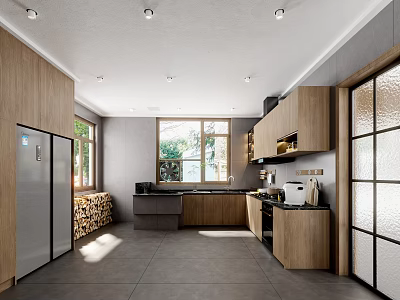 Modern Kitchen Interior Featuring Wooden Cabinets Stainless Steel Fridge Black Countertops And Large Windows 3d model