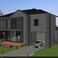Two Story Detached Villa with Gray Roof Large Glass Windows Terrace and White Lounge Chairs