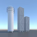Industrial Equipment Featuring Cylindrical Tower And Rectangular Frame Structures With Vertical Fins