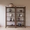 Natural Wooden Shelving Units With Ceramic Vases And Decorative Bowls On Neutral Wall Wooden Floor Setting