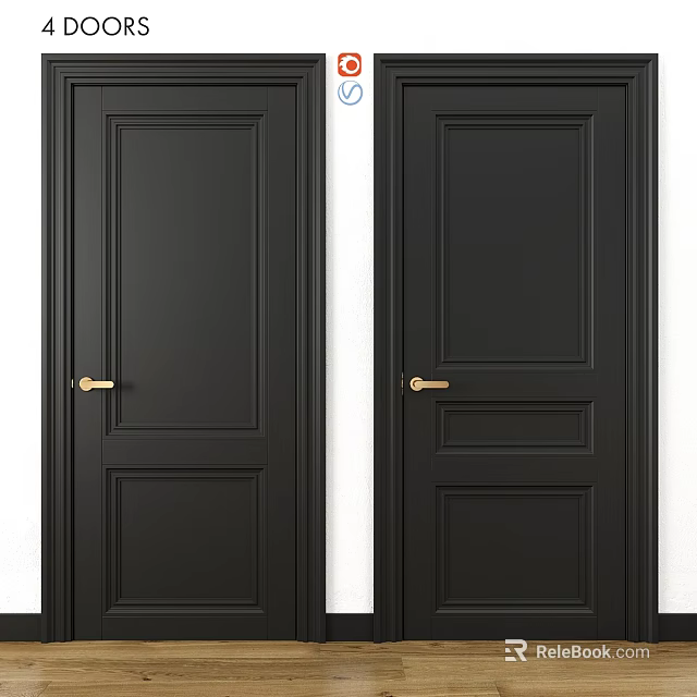 Stylish Black Interior Hinged Doors With Classic Panel Design And Gold Handles 3d model 