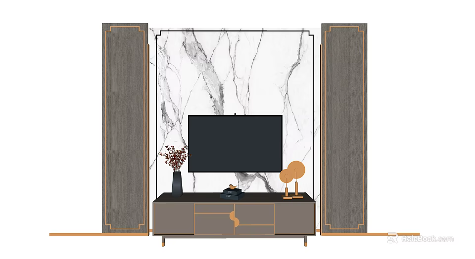 Modern TV Stand with Marble Wall Gray Side Cabinets and Decorative Items 3d model