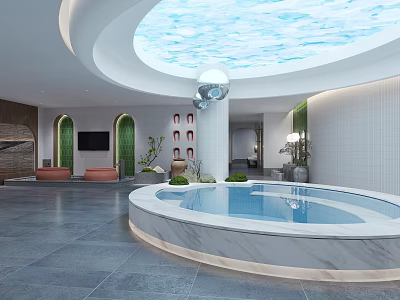 Luxurious SPA Sauna Interior With Circular Pool Marble Edge Blue Ceiling And Green Plants 3d model
