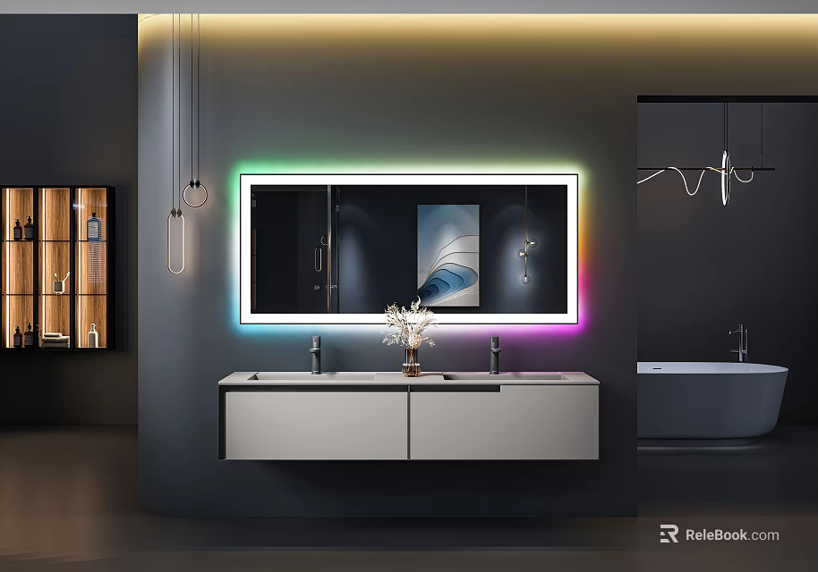 Elegant Modern Bathroom Vanity With Colorful LED Mirror White Countertop And Bathtub 3d model 