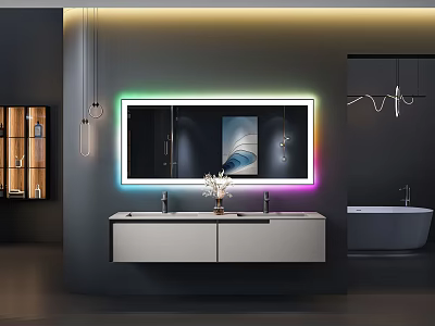 Elegant Modern Bathroom Vanity With Colorful LED Mirror White Countertop And Bathtub 3d model