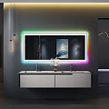 Elegant Modern Bathroom Vanity With Colorful LED Mirror White Countertop And Bathtub