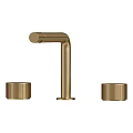 Modern Sleek Golden Faucet Design With Brushed Gold Knobs And Curved Spout